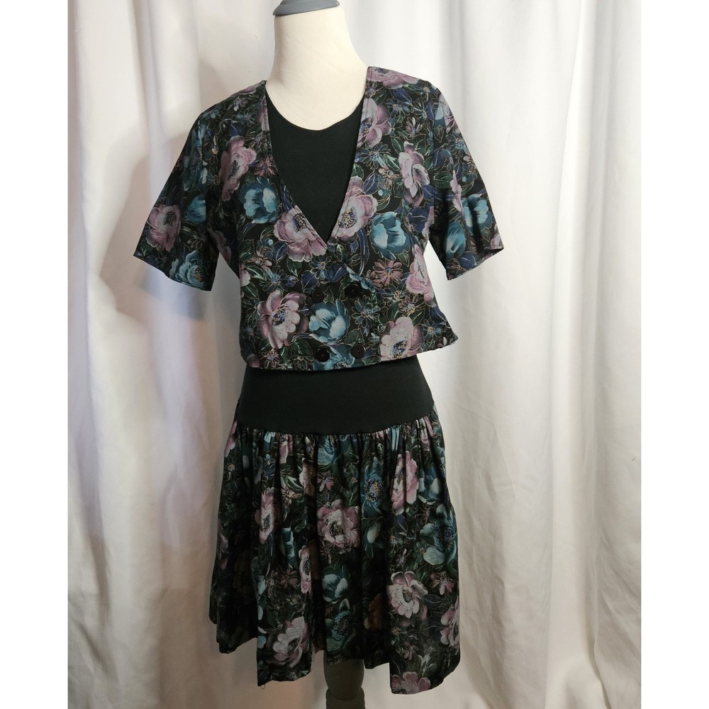 Vintage 80s Glenfrey Fashions Purple Floral Mini Dress 2‎ Piece Look Sz 7/8 - Picture 2 of 7